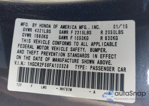 2015 Honda Accord Sport z USA, uszkodzony, nr VIN 1HGCR2F56FA100528